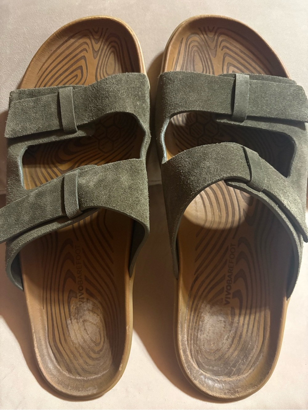 Vivo Barefoot Olive Green Suede Double-Strap Slides…. Size 11.